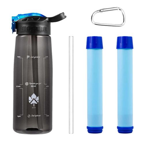 Noir Gourde Filtrante Randonné Camping Légère Bivouac Trek Kit Voyage 2 Paille Filtre Survie Eau Non Potable 3etapes+ Boussole Purificateur Nomade & Bouteille Tritan Réutilisable Ecologique Etanche