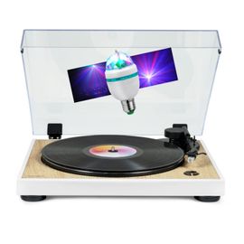Tourne Disque Platine vinyle Thomson TT301 - BOIS/BLANC - 33/45 tours, Lecture / retour du bras auto. Ampoule DIAMS couleurs LED