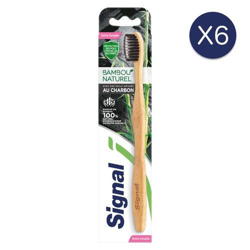 6 Brosses À Dents Signal Bambou Naturel Extra Souple Avec Des Poils Infusés Au Charbon (Lot De 6) 