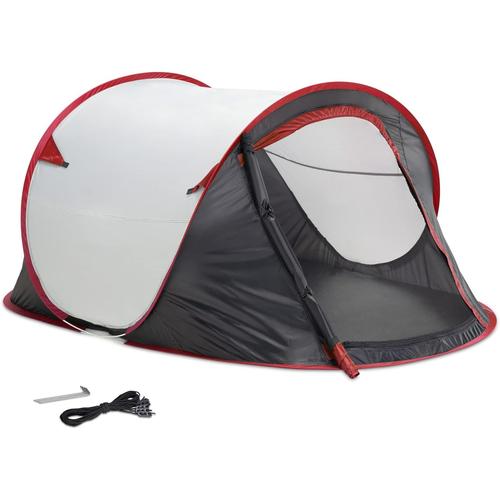 Gris/Rouge Tente 2 Secondes ¿ Tente Pop Up 220 X 120 X 95 Cm Pour 2 Personnes Avec Moustiquaire ¿ Transportable Pour Camping Festival Vacances Voyage