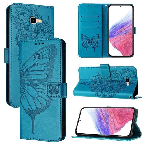 Étui Pour Samsung Galaxy J4 Plus Gaufrage Papillon Magnétique Couverture Rabotant Cuir Premium - Bleu