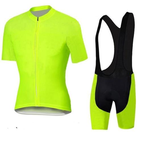 Maillot De Cyclisme Manches Courte Et Cuissard Vélo À Bretelles Jaune Fluo