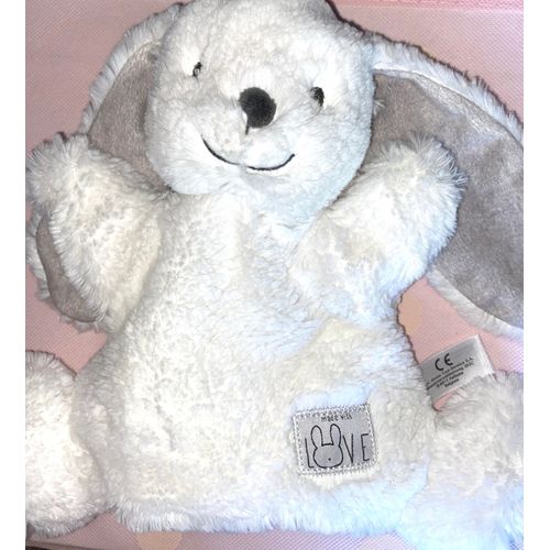 Doudou Lapin Blanc Marionnette Simba Tous Benelux Kiabi Peluche Animal Jouet Bébé Naissance Enfant Écusson Love