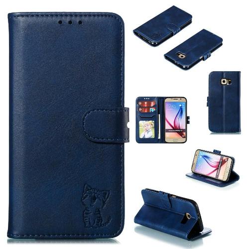 Portefeuille Étui Pour Samsung Galaxy S6 Toute La Protection Ronde Fermeture Magnétique Béquette Titulaire De La Carte En Relief - Bleu