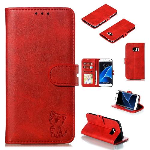 Portefeuille Étui Pour Samsung Galaxy S7 Edge Titulaire De La Carte En Relief Toute La Protection Ronde Fermeture Magnétique Béquette - Rouge