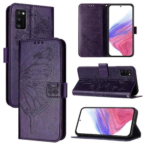 Étui Pour Samsung Galaxy A41 Gaufrage Papillon Cuir Premium Magnétique Couverture Rabotant - Violet Foncé