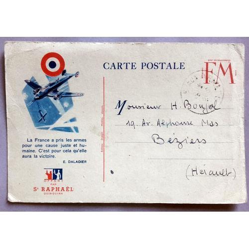 39-45 : Carte Postale En Franchise Militaire Du 23 Mai 1940 Avec Bombardier Et Cocarde Offerte Par Saint Raphaël (Daladier)