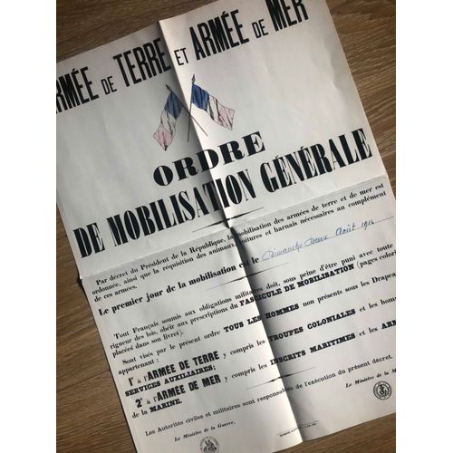 Ordre De Mobilisation D'aôut 1914 - Première Guerre Mondiale 1914 - 1918 (Recto-Verso)