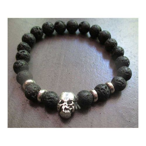 Bracelet Perle Lave Noire Crane Tete De Mort Rock Roll Homme Femme Ado