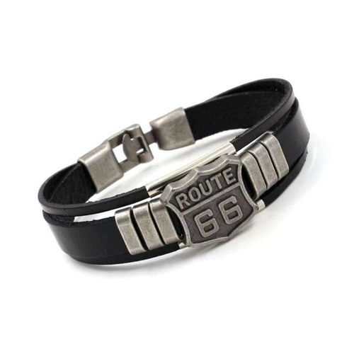 Bracelet Route 66 Simili Cuir Biker Motard Fan Rock Roll Homme Femme Ado