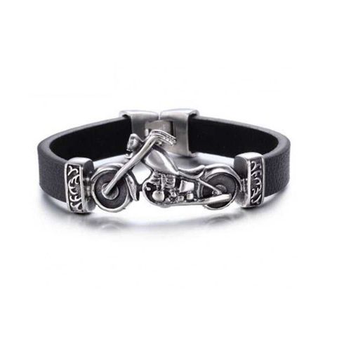 Bracelet Moto Chromé Et Simili Cuir Biker Motard Fan Rock Roll Homme Femme Ado