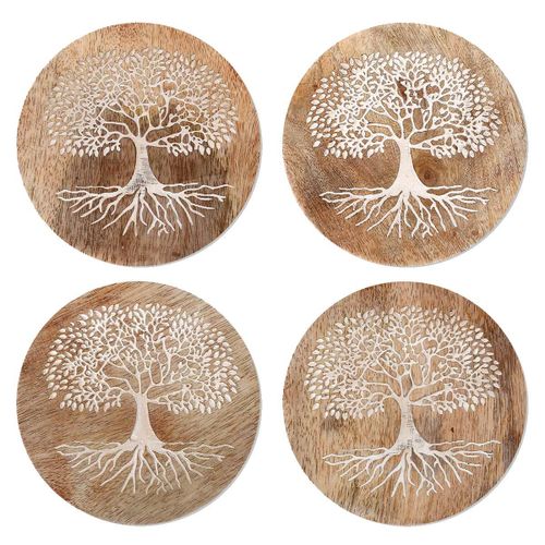 Set De 4 Sous-Verres Rond Arbre De Vie En Bois Sculpté