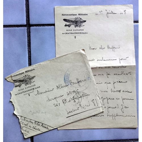 14-18 : Rare Lettre En-Tête, Enveloppe Et Correspondance Ecole D'aviation De Châteauroux (Juillet 1918)