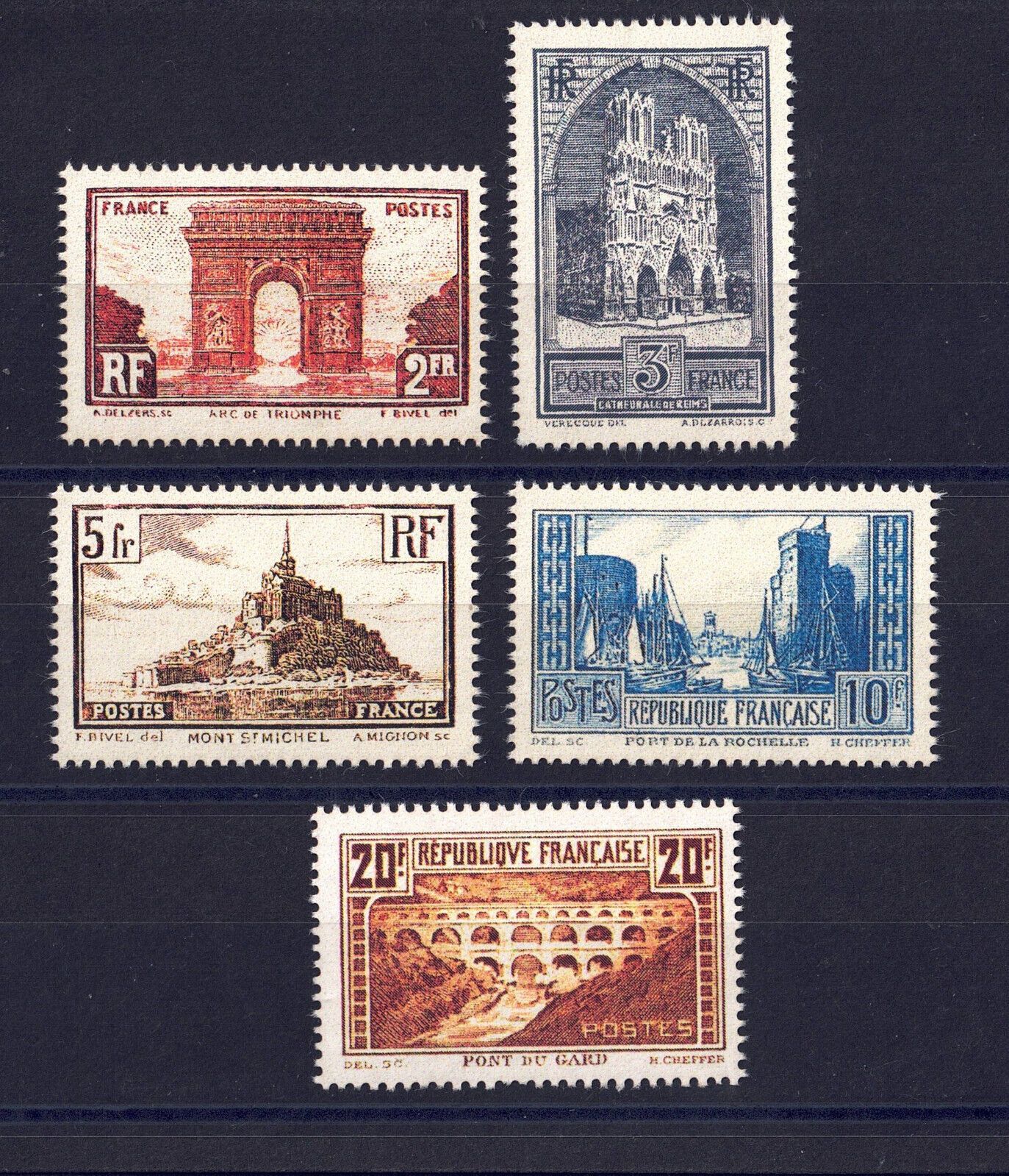 Monuments : Arc De Triomphe , Cathédrale De Reims, Mont Saint Michel, Port De La Rochelle, Pont Du Gard Série Complète Année 1929 N° 258 259 260 261 262 Yvert Et Oblitérés Cachets Ronds