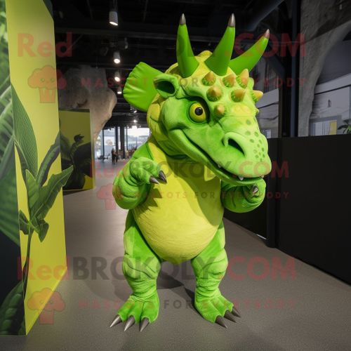 Personnage De Costume De Mascotte Redbrokoly Triceratops Vert Citron Habillé D'une Barboteuse Et De Pochettes
