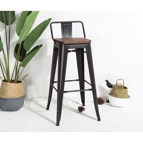Kosmi - Tabouret De Bar En Métal Noir Mat Et Assise En Bois Foncé Avec Dossier, Chaise De Bar Tabouret Métal Et Bois Haut Hauteur 76cm Parfait Pour Table De 100 Cm Et Plus