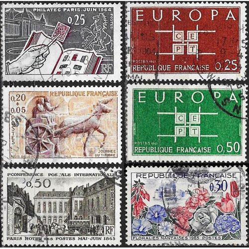 France 1963, Beaux Timbres Yvert 1369 Floralies Nantaises, 1378 Journée Du Timbre, 1387 Conférence Postale À Paris, 1396 1397 Paire Europa Et 1403 Exposition Philatec 64, Oblitérés, Tbe