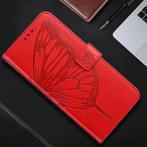 Étui Pour Samsung Galaxy A8 2018 Gaufrage Papillon Couverture Rabotant Cuir Premium Magnétique - Rouge