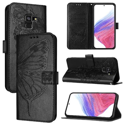 Étui Pour Samsung Galaxy A8 2018 Magnétique Gaufrage Papillon Cuir Premium Couverture Rabotant - Noir