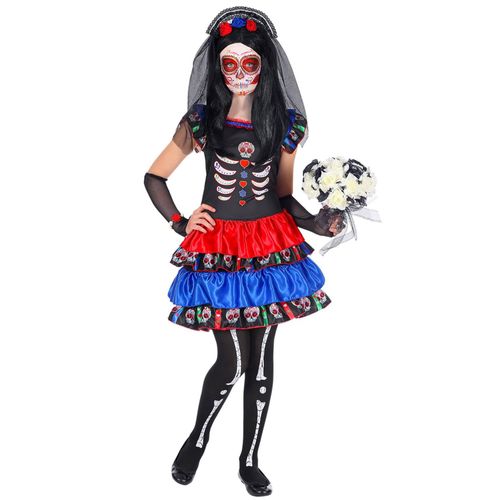Déguisement Dia De Los Muertos Rouge Et Bleu Enfant - Taille: 11-13 Ans (158 Cm)