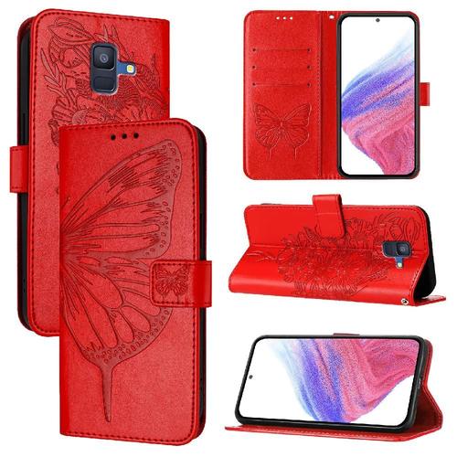 Étui Pour Samsung Galaxy A6 2018 Couverture Rabotant Magnétique Cuir Premium Gaufrage Papillon - Rouge