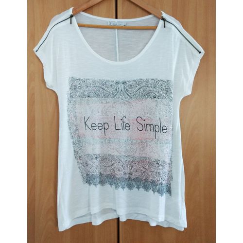 T Shirt Blanc Cassé Cahemire Noir Fond Rose. Zip. Keep Life Simple. Gémo. Taille L / 40