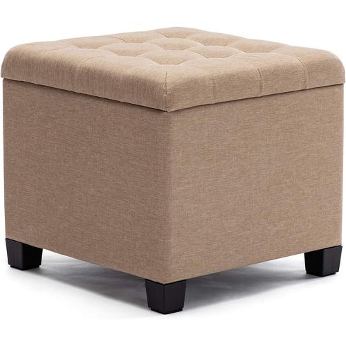 Beige Beige Pouf Cube En Lin Avec Coffre De Rangement Et Cadre En Bois Solide Pour Salon Coiffeuse Et Chambre Avec Couvercle Beige 45 Cm