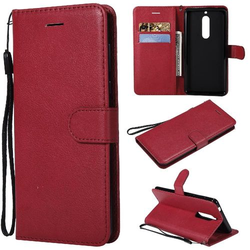 Flip Étui Pour Nokia 5 Couleur Solide Classique Avec Fente Pour Carte Cuir De Haute Qualité Étui De Téléphone Portefeuille D'affaires - Rouge