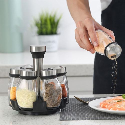 Ensemble De Bocaux À Épices En Verre T1, Support Rotatif Pour Assaisonnement, Sucre, Salière, Rangement De Cuisine, 6 Pièces