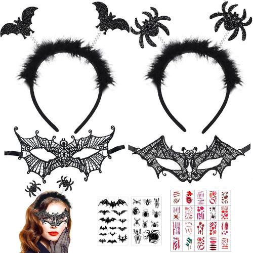 Serre-tête d'Halloween, masque pour les yeux chauve-souris en dentelle, serre-tête d'araignée avec effet scintillant, costume d'Halloween avec autocollant de tatouage, accessoires pour Halloween, bal