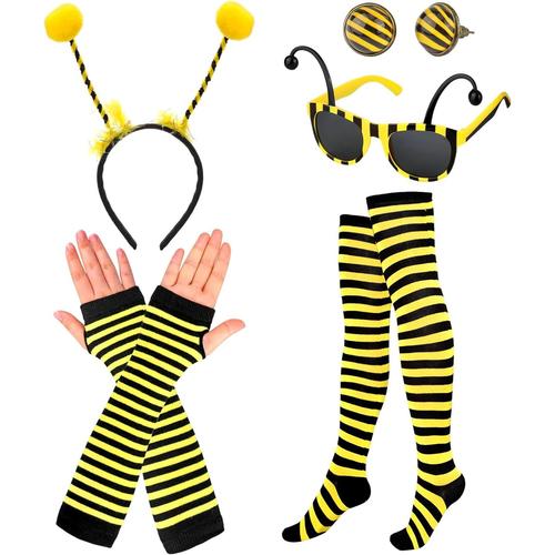 Lot De 5 Costumes D'abeille, Pour Adultes Et Filles, Pour Carnaval, Cosplay, Bandeau Avec Jambières Rayées, Chaussettes Hautes Et Gants Longs, Jaune, Biene Kostüm