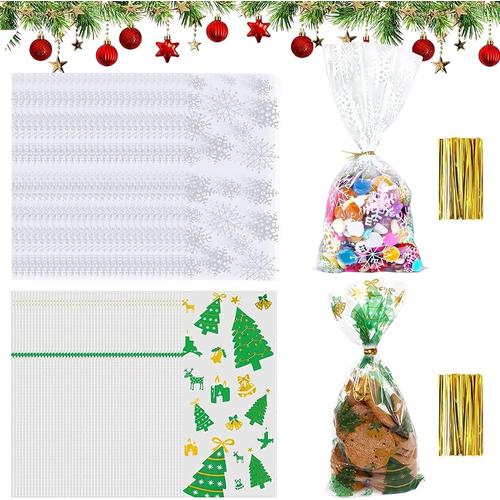 100 sacs à biscuits de Noël transparents, sacs cellophane Noël, sacs cellophane flocon de neige, sacs à biscuits avec 100 attaches métalliques pour les bonbons de la boulangerie biscuits pralinés (D)