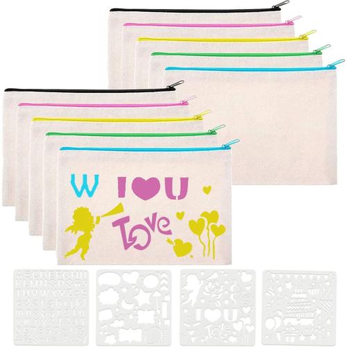 10 Pièces Trousses à Crayons Vierge 21×12cm, DIY Vierge Toile Trousse de Rangement, Pochette Tissu Zippée Trousse Personnalisable, Pochette Maquillage Tissu pour Enfants à Peindre