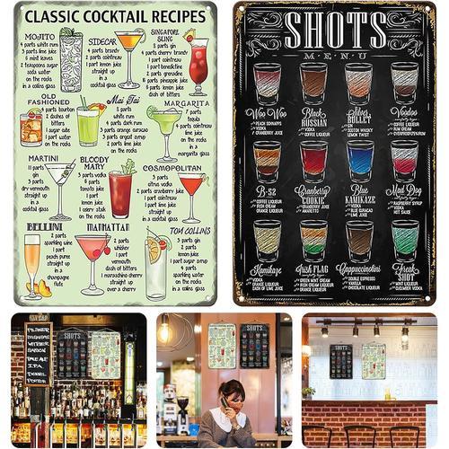 Lot de 2 panneaux en tôle pour cocktail, recette en métal vintage, cocktail, cocktail, recette de cocktail, poster rétro bar, plaque métallique pour cafés, bars, cuisines, pub décoration