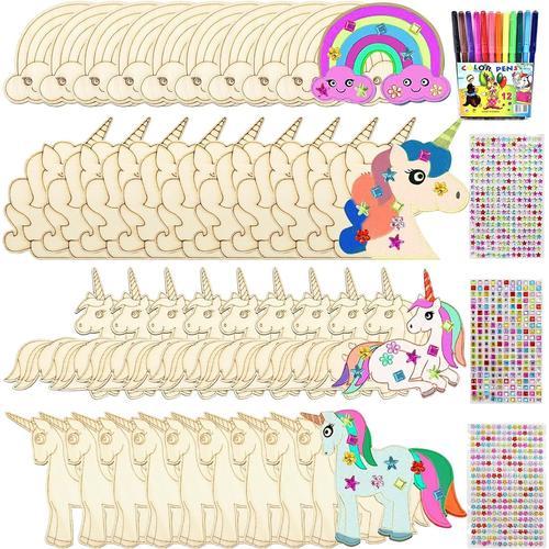 55 licornes en bois - Kit de bricolage - Licorne en bois - Kit de bricolage licorne à peindre, licorne en bois - Décoration d'anniversaire d'enfant avec crayons aquarelle + autocollants diamantés