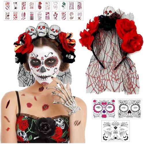 Bandeau De Jour Des Morts, Bandeau De Costumes D'halloween, Serre Tete Halloween Femme, Day Of The Dead Bandeau Avec Tatouages Temporaires Pour Halloween Pour Visage Fête Maquillage Carnaval 