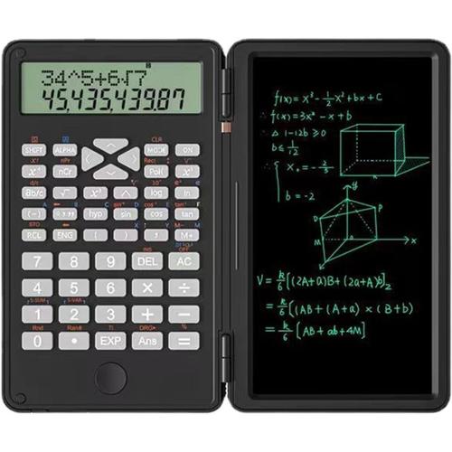 Noir Noir Calculatrice Scientifique À Écran Solaire À 2 Lignes Avec 6 Tablettes D'écriture, Bloc-Notes Effaçable À Piles,