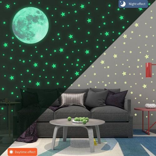 Autocollants muraux étoilés 3D fluorescents pour chambre d'enfants, sparadrap muraux lumineux, pleine lune, étoiles, lueur dans la nuit, DIY bricolage