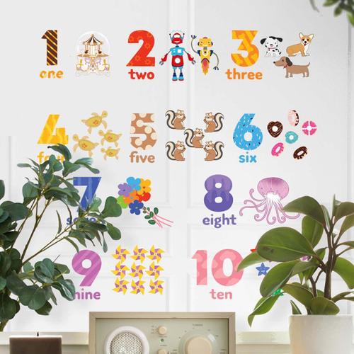 Autocollant mural pour salle de séjour, pour enfants, bricolage, éducation précoce, dessin animé, Animal, Jungle, nombres de fruits