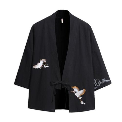 Expédié De Paris - Kimono Homme Traditionnel Noir Coton De Bonne Qualité Grue Borderie Japonais Haut Veste Blouson