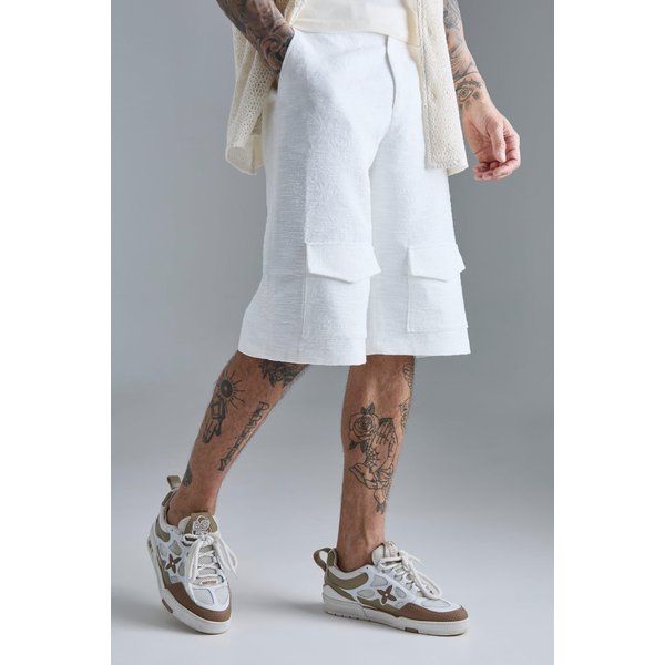 Tall Textured Cotton Jacquard Smart Cargo Shorts Homme - Blanc - 36, Blanc