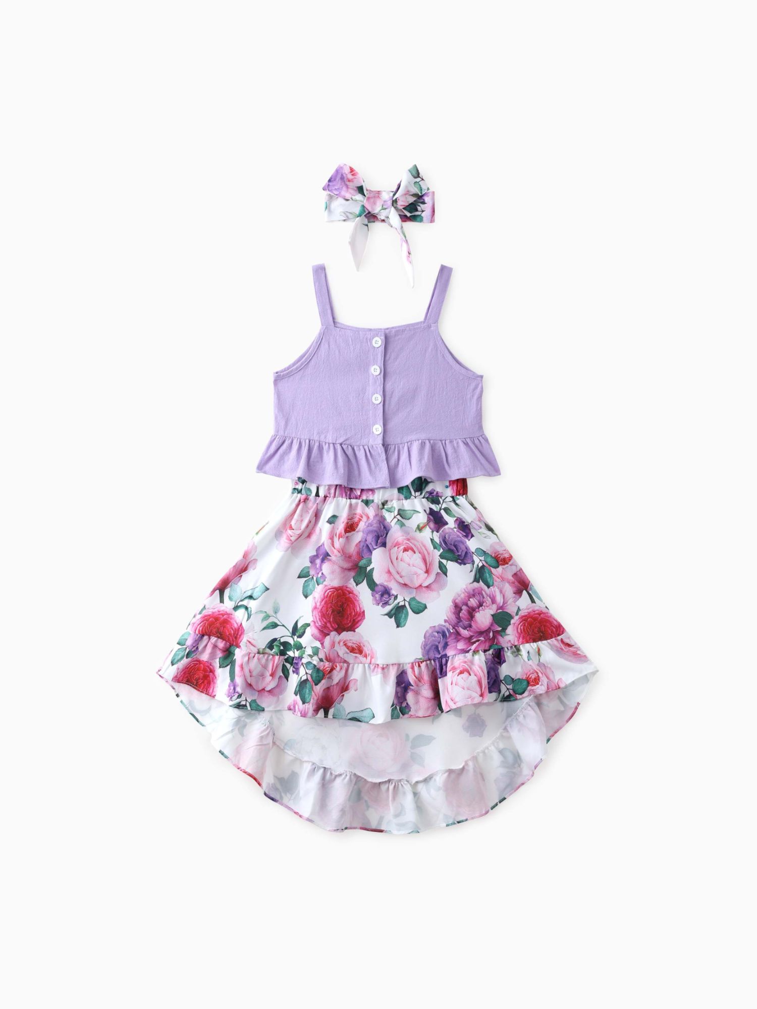 Enfant Fille 3pcs Cami Crop Top Et Jupe À Volants À Imprimé Floral Avec Bandeau Ensemble