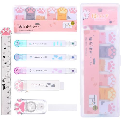 Blanc Blanc Lot De 9 Articles De Papeterie Mignons En Forme De Patte De Chat, Cadeaux Kawaii Pour Enfants, Amateurs De Chats, Surligneur,