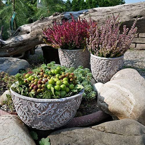 Gris Cache Pot Bac Fleur Béton Pots Plantes En Ciment Avec Ornament Gris Jardinières Résistant Au Gel D'intérieur Et Extérieur 19x19x10cm