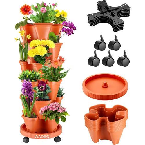 Orange Lot De 6 Pots De Fleurs Empilable, Jardinière En Tour, Pot De Fleurs Design, Couleur Terre Cuite, Avec Roulettes Pour Herbes Et Jardin Vertical, Orange