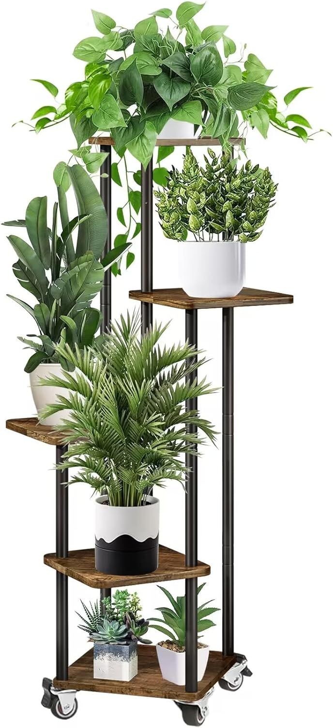 Noir 5 Niveaux Support De Plante En Métal Bois, Multiple Étagère À Fleurs Support De Pots Fleurs Porte Interieur Avec Roulettes En Option, Décoratif Présentoir Pour Salon Balcon(Noir)