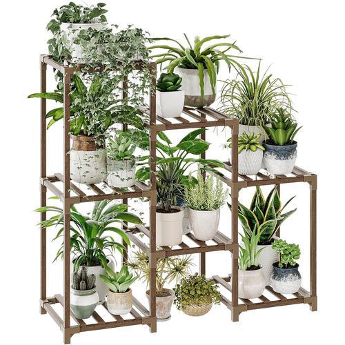 5 niveaux - marron Supports pour plantes d'intérieur, étagère en bois à plusieurs niveaux pour plusieurs plantes, échelle à 3 pneus, 7 pots de fleurs pour fenêtre, jardin, balcon, terrasse, coin salon