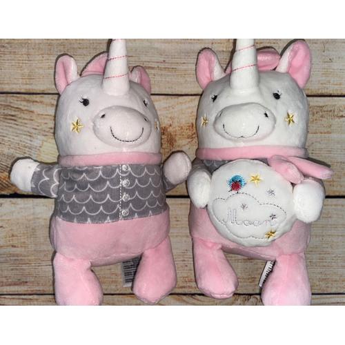 Doudou Licorne Rose Gris Blanc Mots D'enfants Peluche Et Boite Musique Lot De Deux Doudous Jouet Musical Moon Unicorn Plush Baby