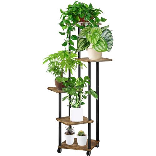 Noir B 5 Niveaux Support De Plante En Métal Bois, Étagère À Plantes Avec Roulettes En Option,Pots Fleurs Porte Plantes Interieur, Décoratif Présentoir Étagère De Pots Fleurs Pour Salon Balcon