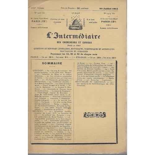 L'intermédiaire Des Chercheurs Et Curieux N° 1407 Bis